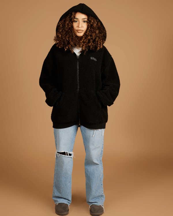 Black Sherpa Zip Up Hoodie Hot on Sale - Image 3