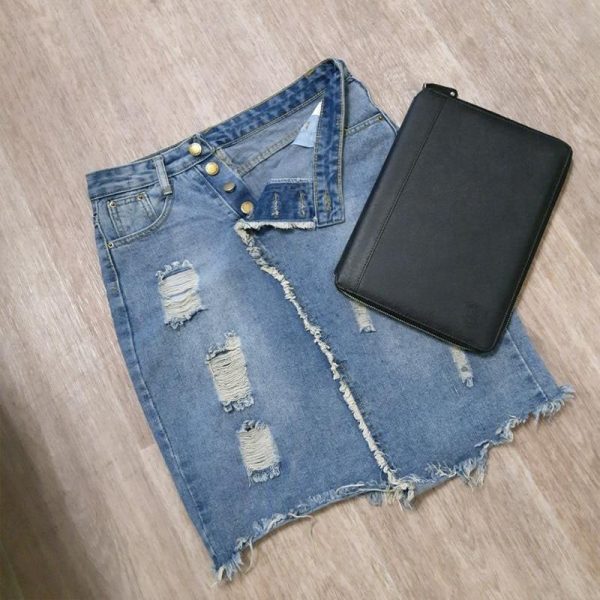 Light Blue Button Ripped Midi Denim Skirts Discount - Image 4