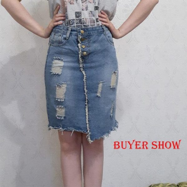 Light Blue Button Ripped Midi Denim Skirts Discount - Image 3
