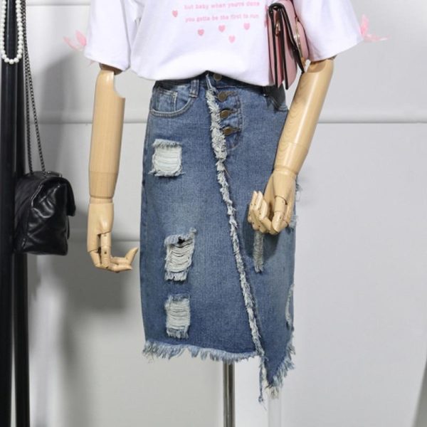 Light Blue Button Ripped Midi Denim Skirts Discount - Image 5